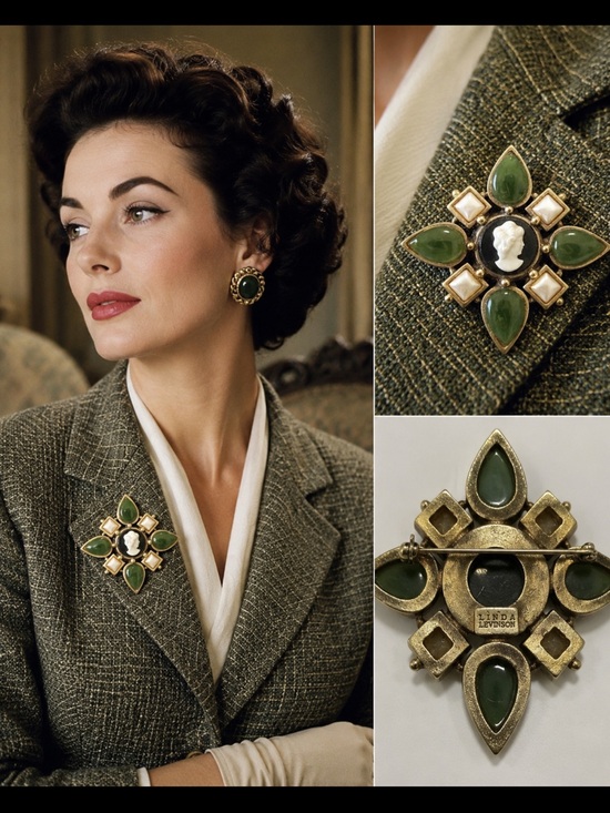 Linda Levinson Jewelry - Linda levinson vintage cameo brooch Green cabachon faux Pearl gold statement pin